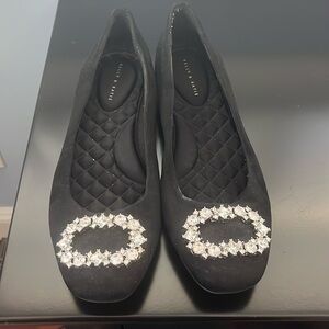 Kelly and Katie black suede flats with rhinestone detail